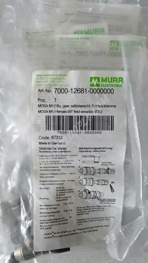 MURR Connector 7000 - 12681 - 0000000, M12 4 - Pin Female 90°，German - Made - Image 2
